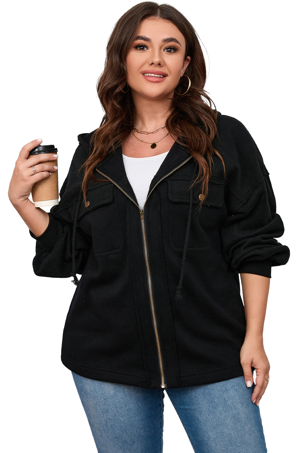 Plus Size Bishop Sleeve Zip Up Hooded Jacket