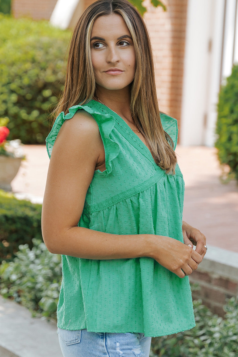 Green Eyelet V Neckline Ruffle Swiss Dot Top