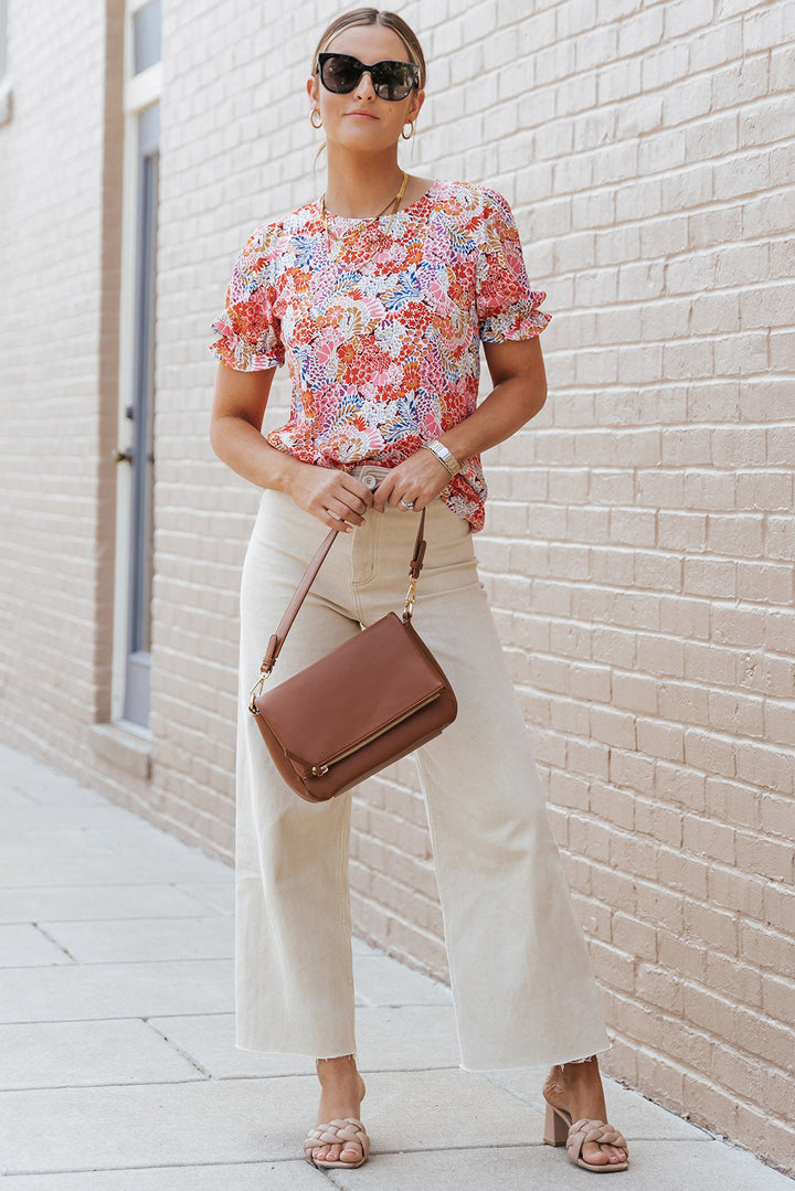 Mix Floral Pattern Bubble Sleeve Blouse