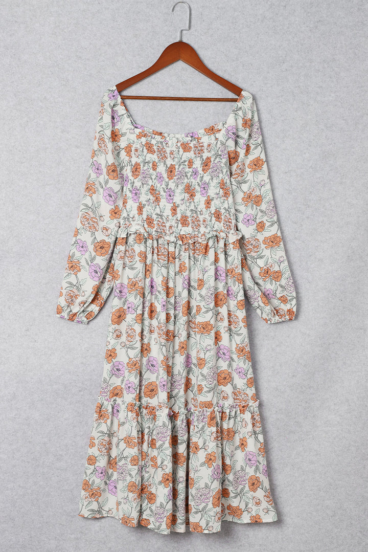 Floral Smocked Long Sleeve Pocketed Dress