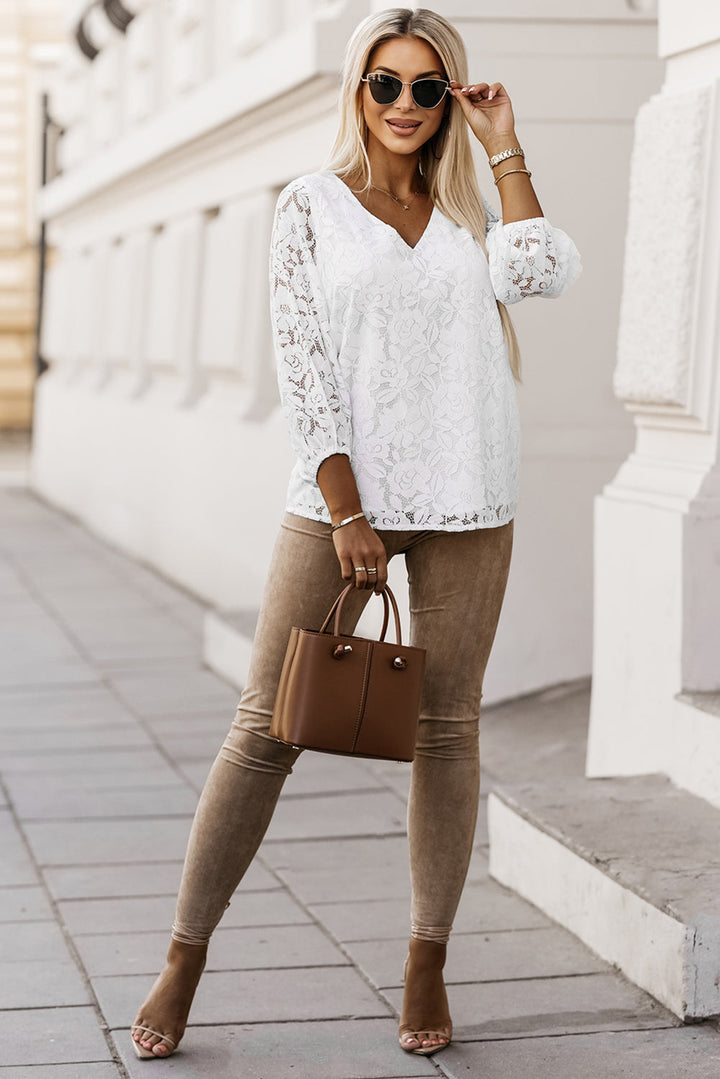 Floral Lace Crochet Loose Fit V Neck Top