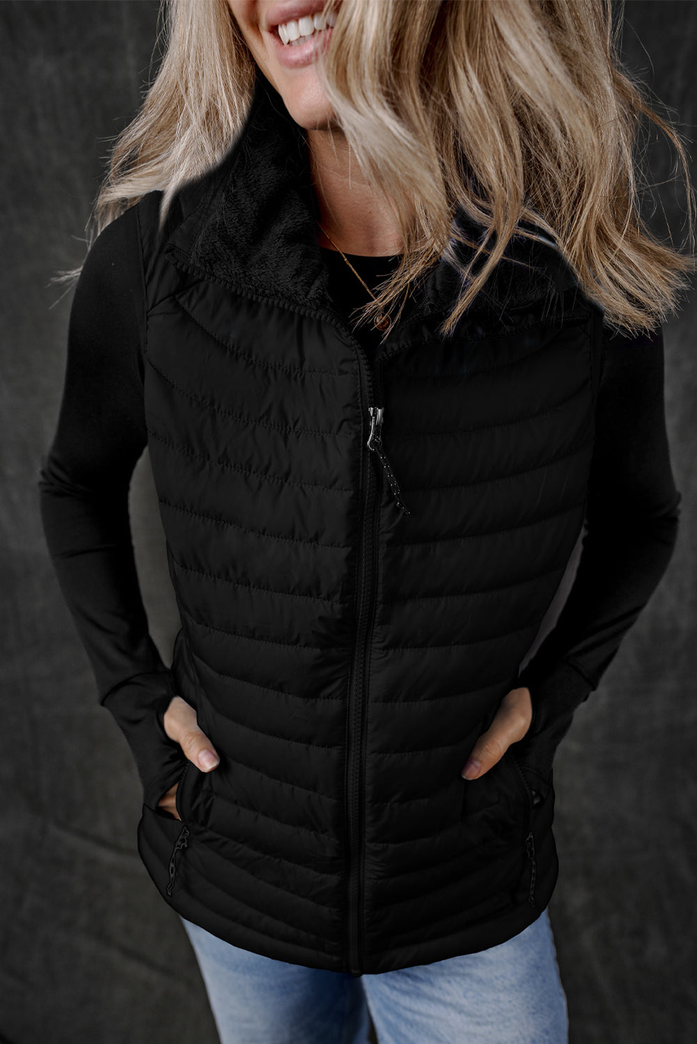 Plush Collared Quilted Zipped Puffer Vest