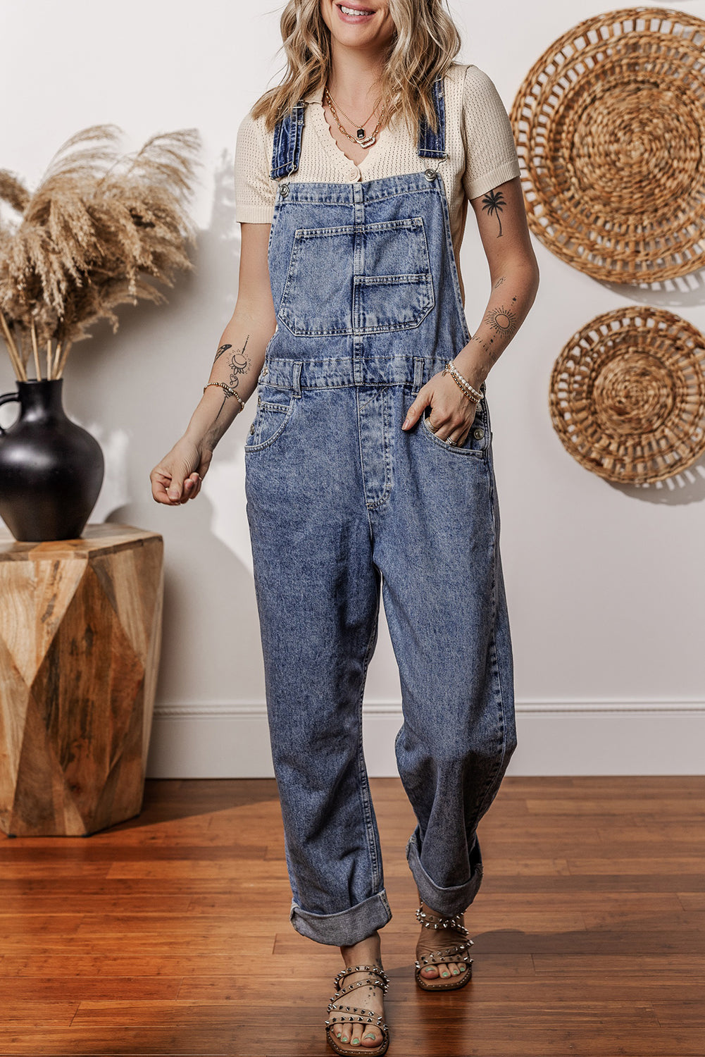 Denim Bib Straight Leg Jumpsuit with Pockets