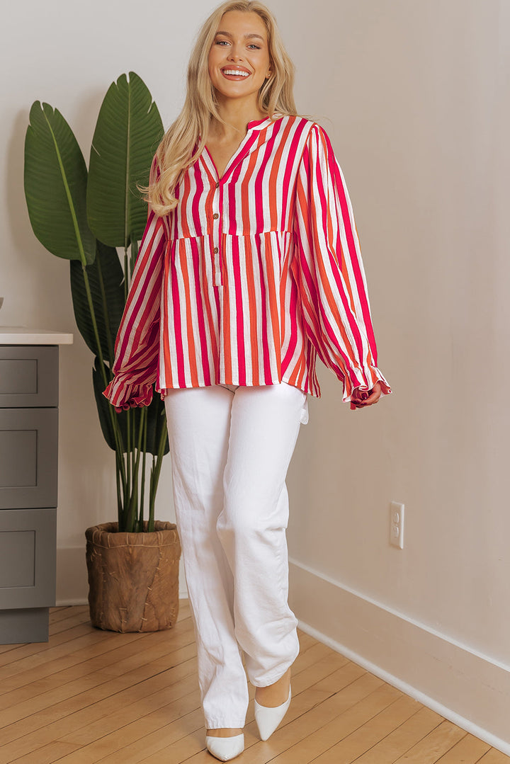 Balloon Sleeve Notched V Neck Buttoned Front Blouse