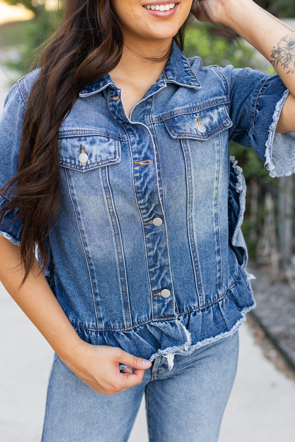 Raw Edge Ruffled Short Sleeve Denim Jacket