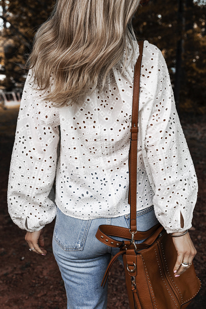 Eyelet Embroidered Puff Sleeve V Neck Blouse