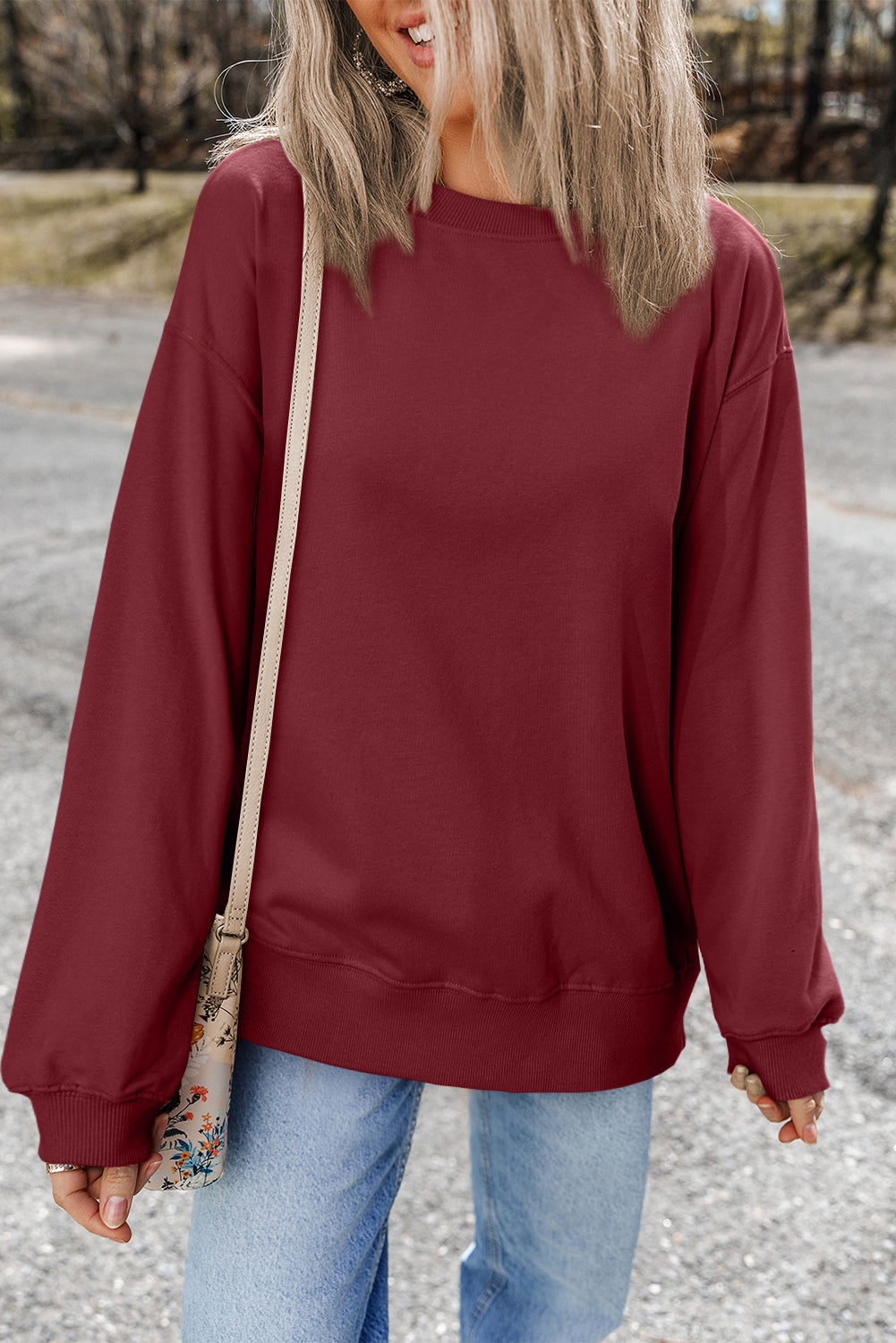 Plain Drop Shoulder Crewneck Pullover Sweatshirt