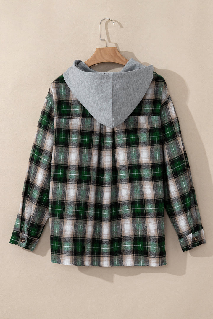 Plaid Print Buttoned Hooded Shacket