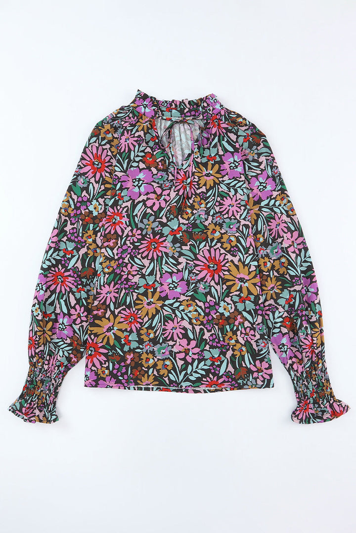 Floral Print Ruffled Long Sleeve V-Neck Blouse