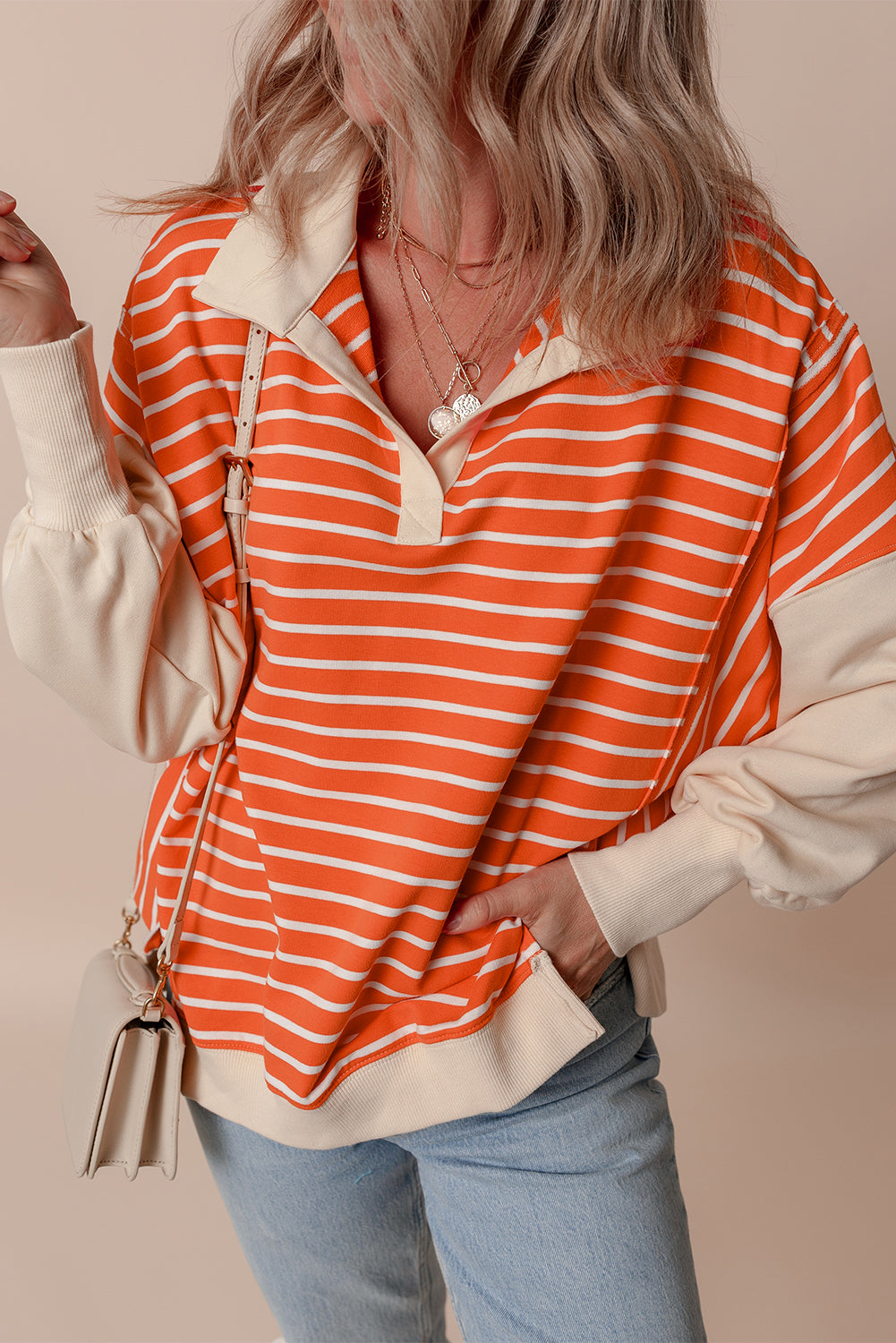 Color Block Loose Fit Collared Drop Shoulder Sweatshirt