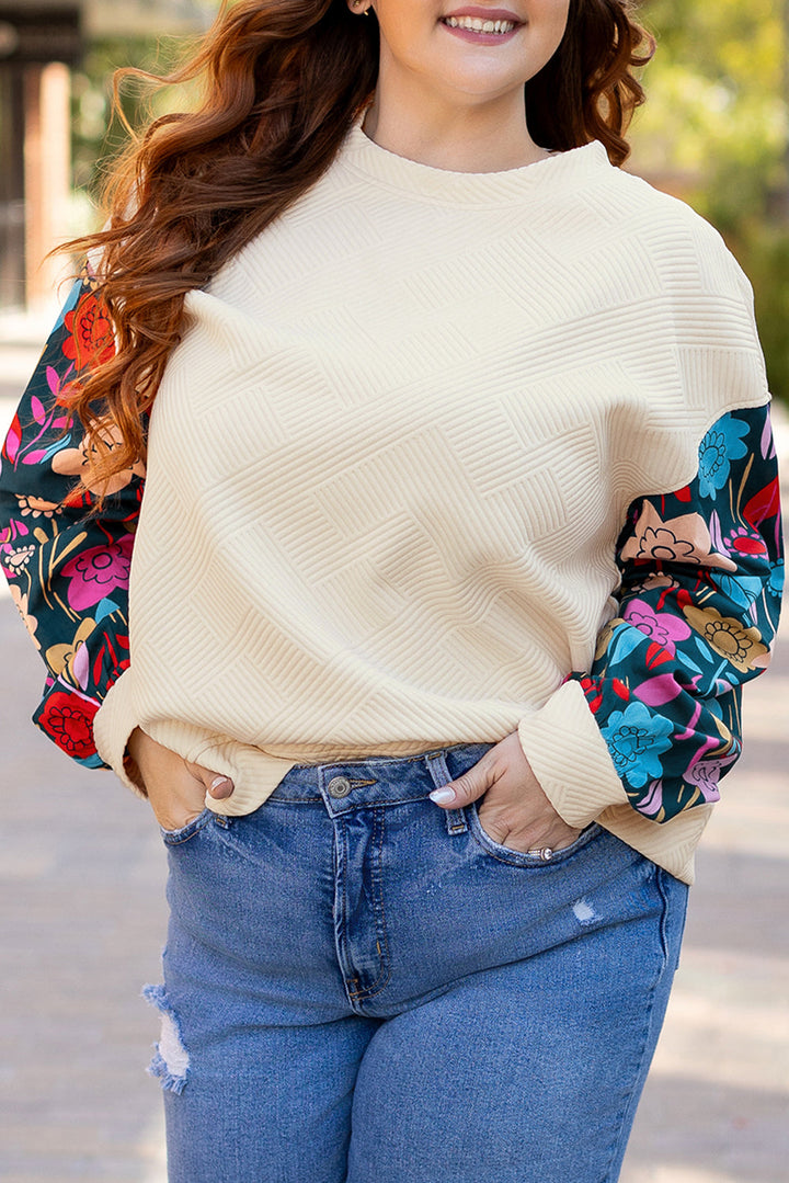 Floral Patchwork Sleeve Textured Plus Size Pullover Top