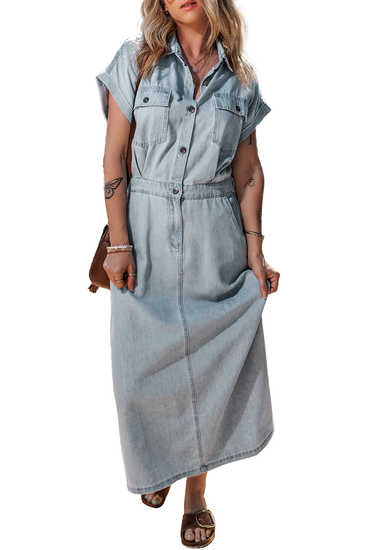 Short Batwing Sleeve Slit Back Denim Dress