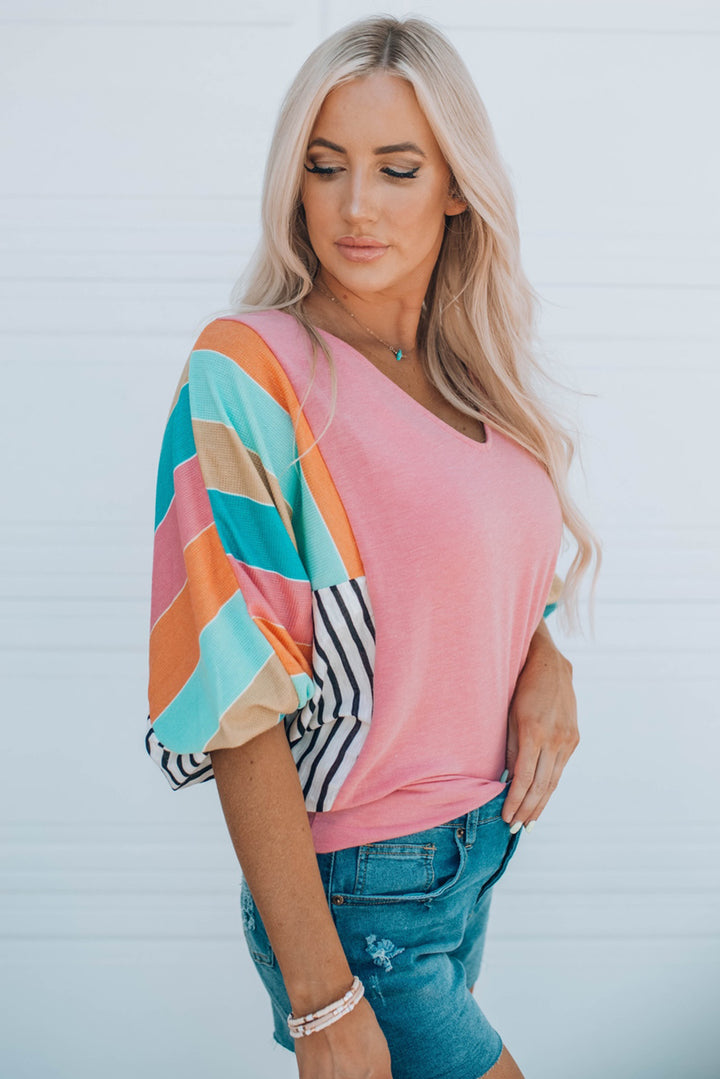 Pink Stripe Color Block Bubble Sleeve Top