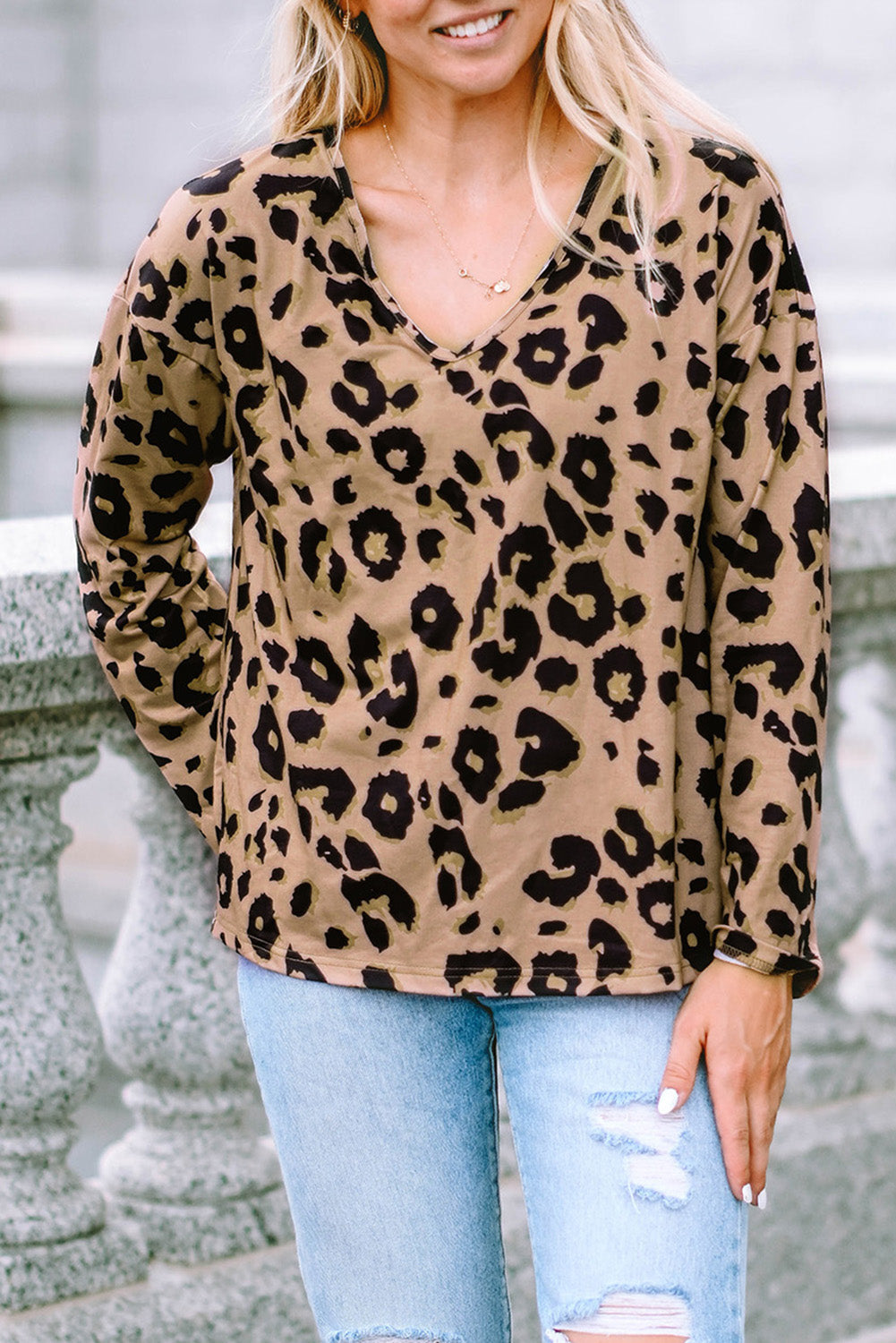 Leopard Split Joint V Neck Long Sleeve Tops