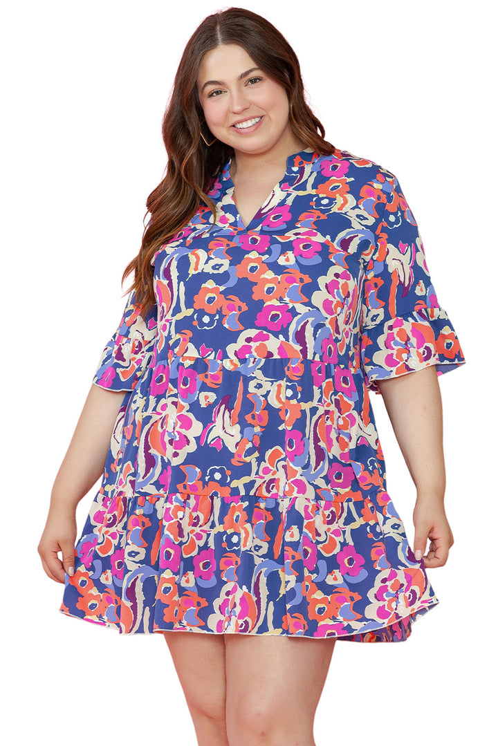 Plus Size Floral Print Ruffled 3/4 Sleeve Mini Dress