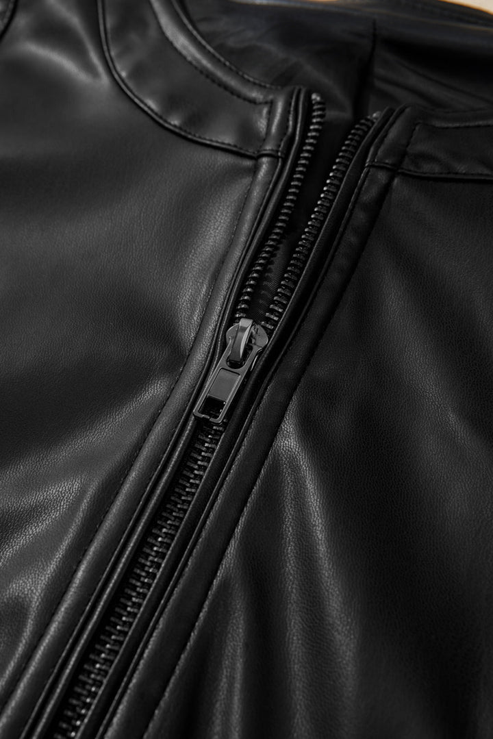 Solid Faux Leather Zipper Slim Fit Bomber Jacket