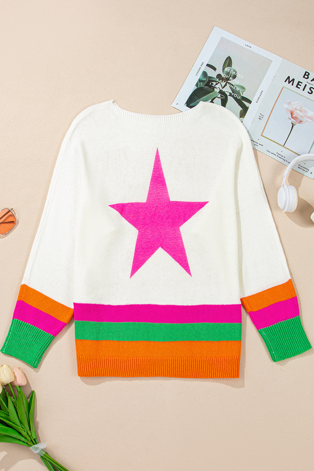 Star Pattern Colorblock Striped Edge Drop Shoulder Sweater