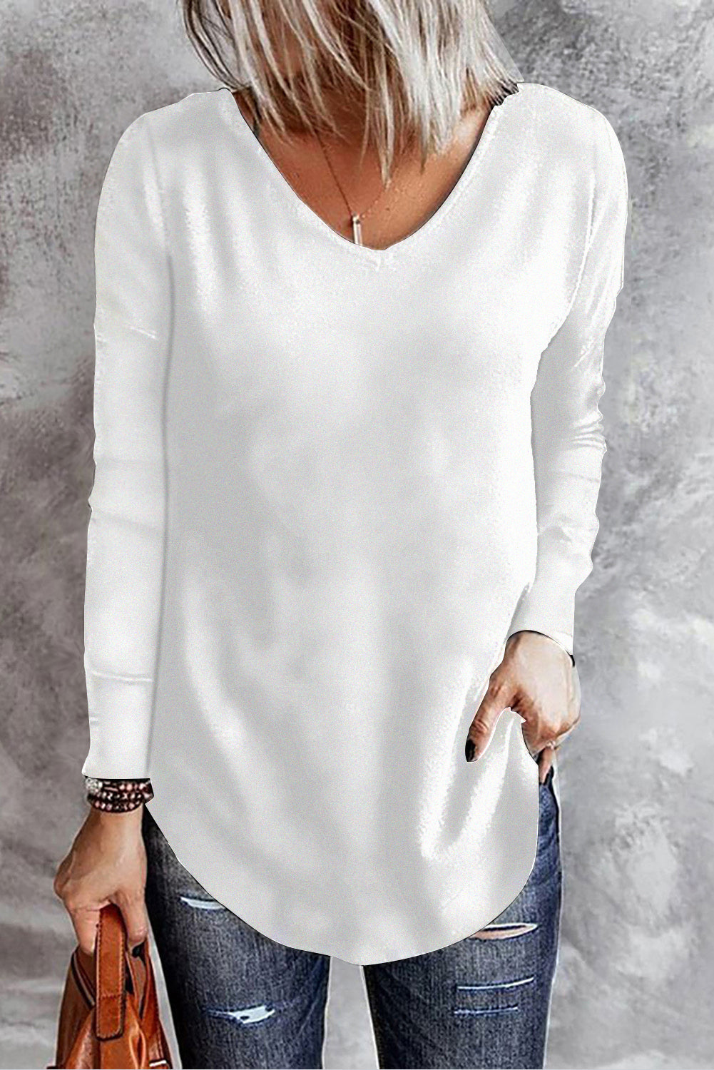 Solid Color V Neck Long Sleeve Knit Top