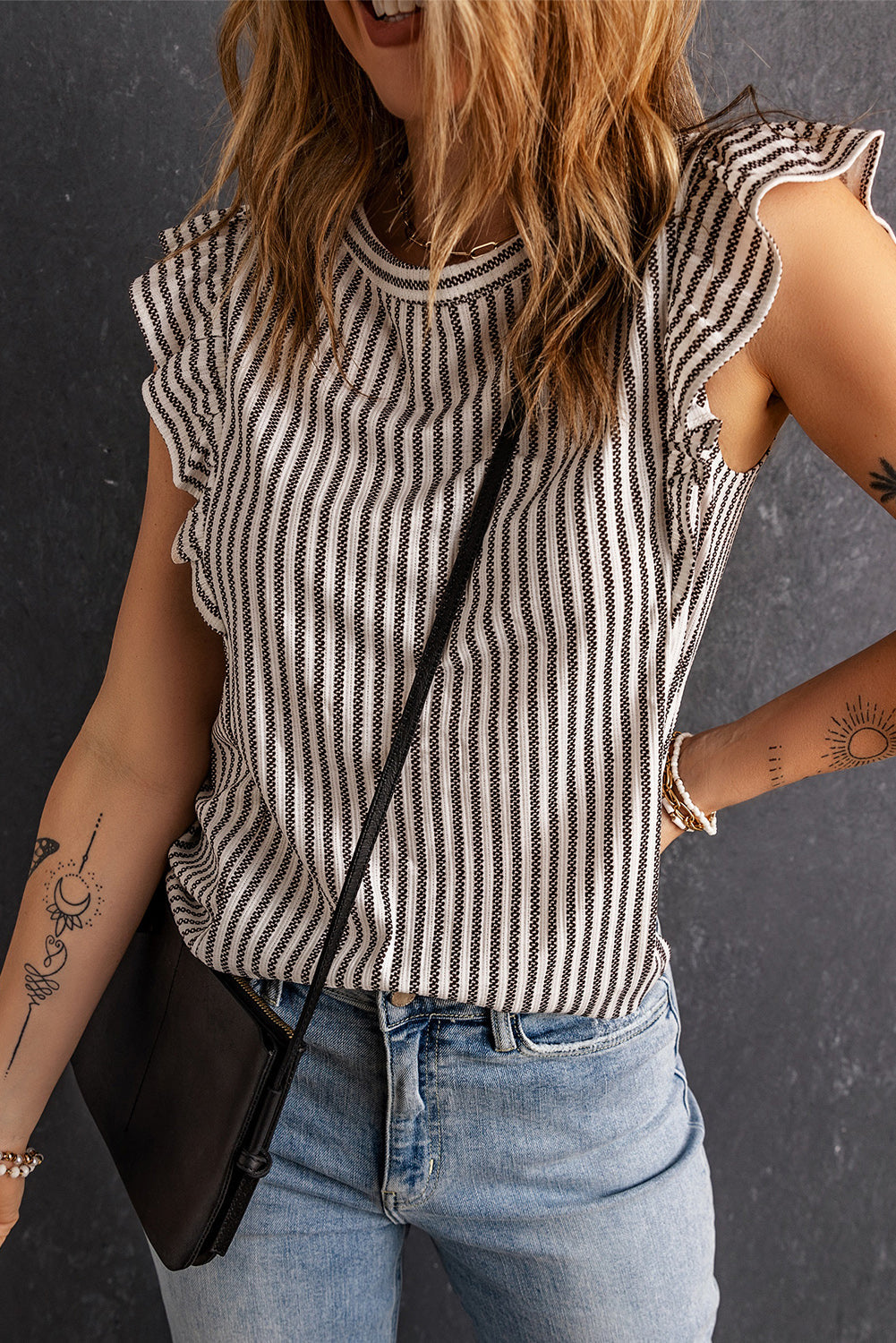 Crew Neck Ruffled Striped Tank Top