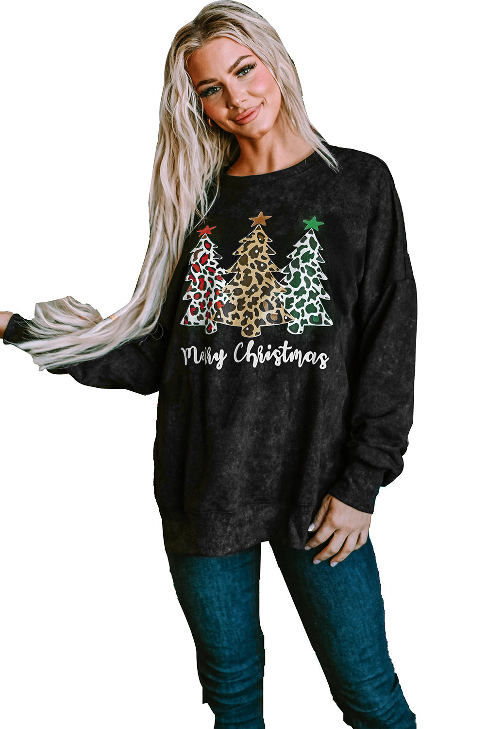 Merry Christmas Leopard Trees Graphic Sweatshirt