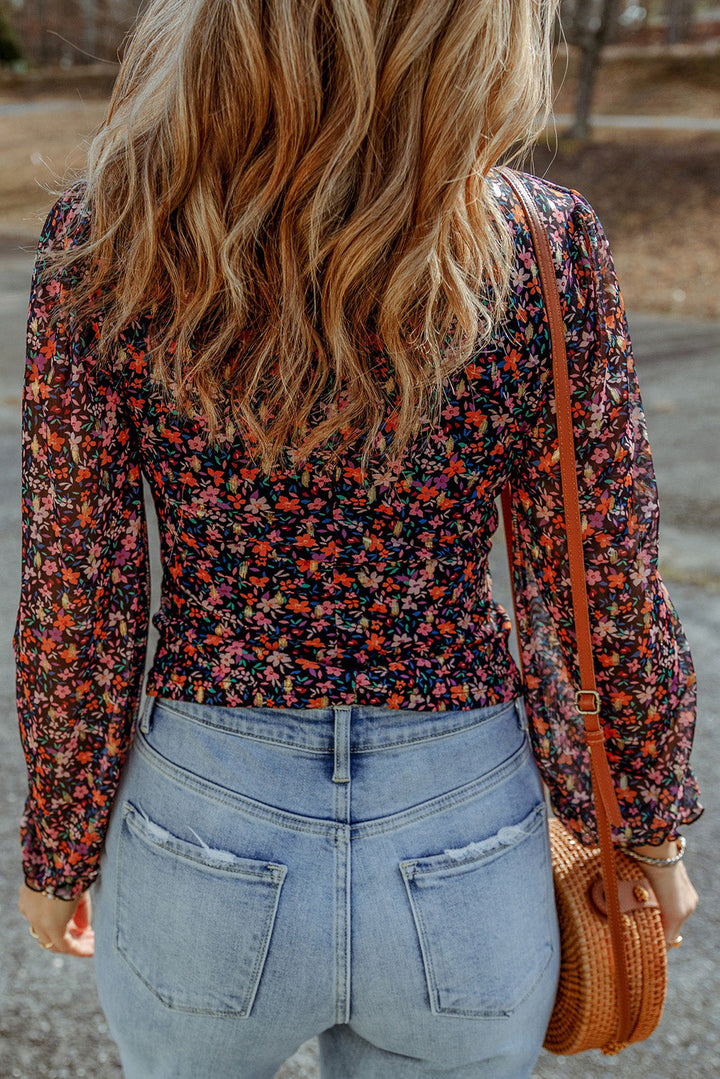 V Neck Bubble Sleeve Floral Blouse