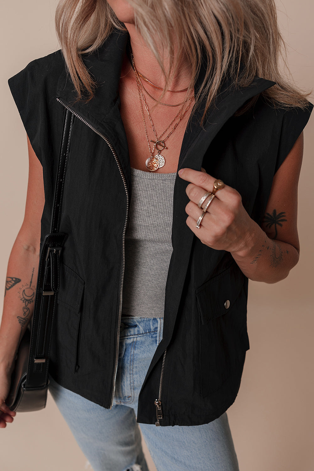 Flap Pockets Zip Up High Neck Vest