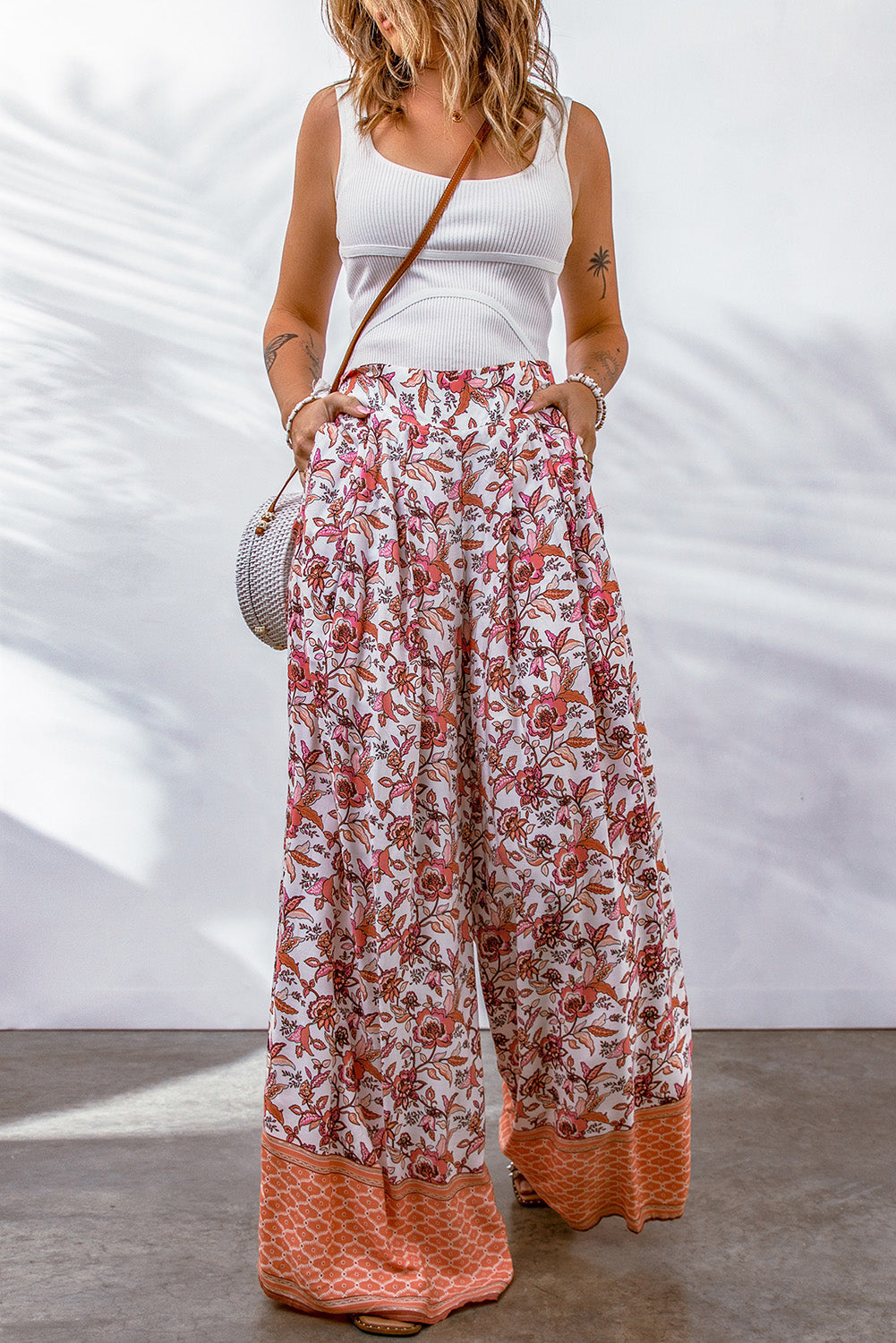 Floral Print Shirred High Waist Wide Leg Pants