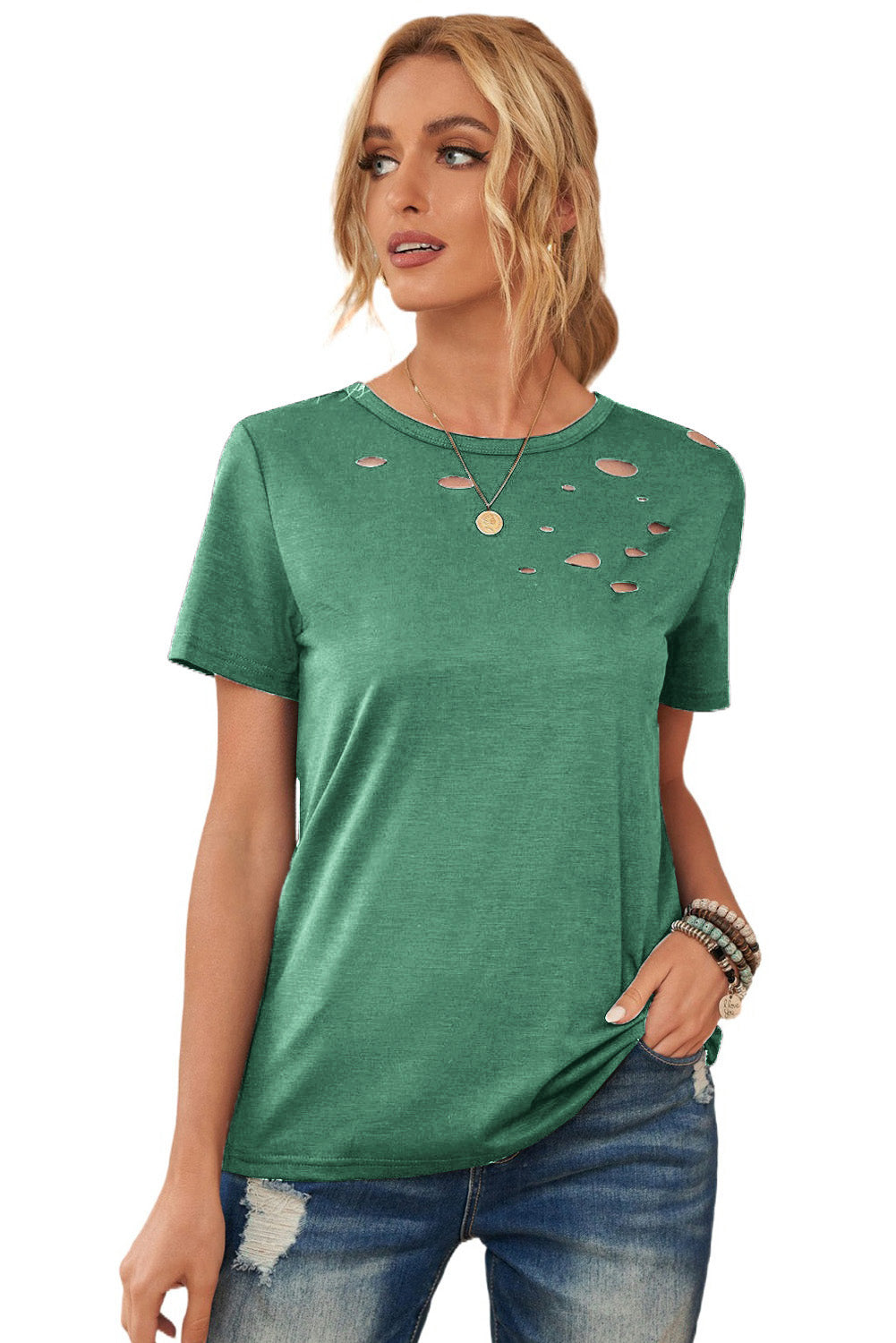 Green Holes Crew Neck Cotton Mixed T-shirt