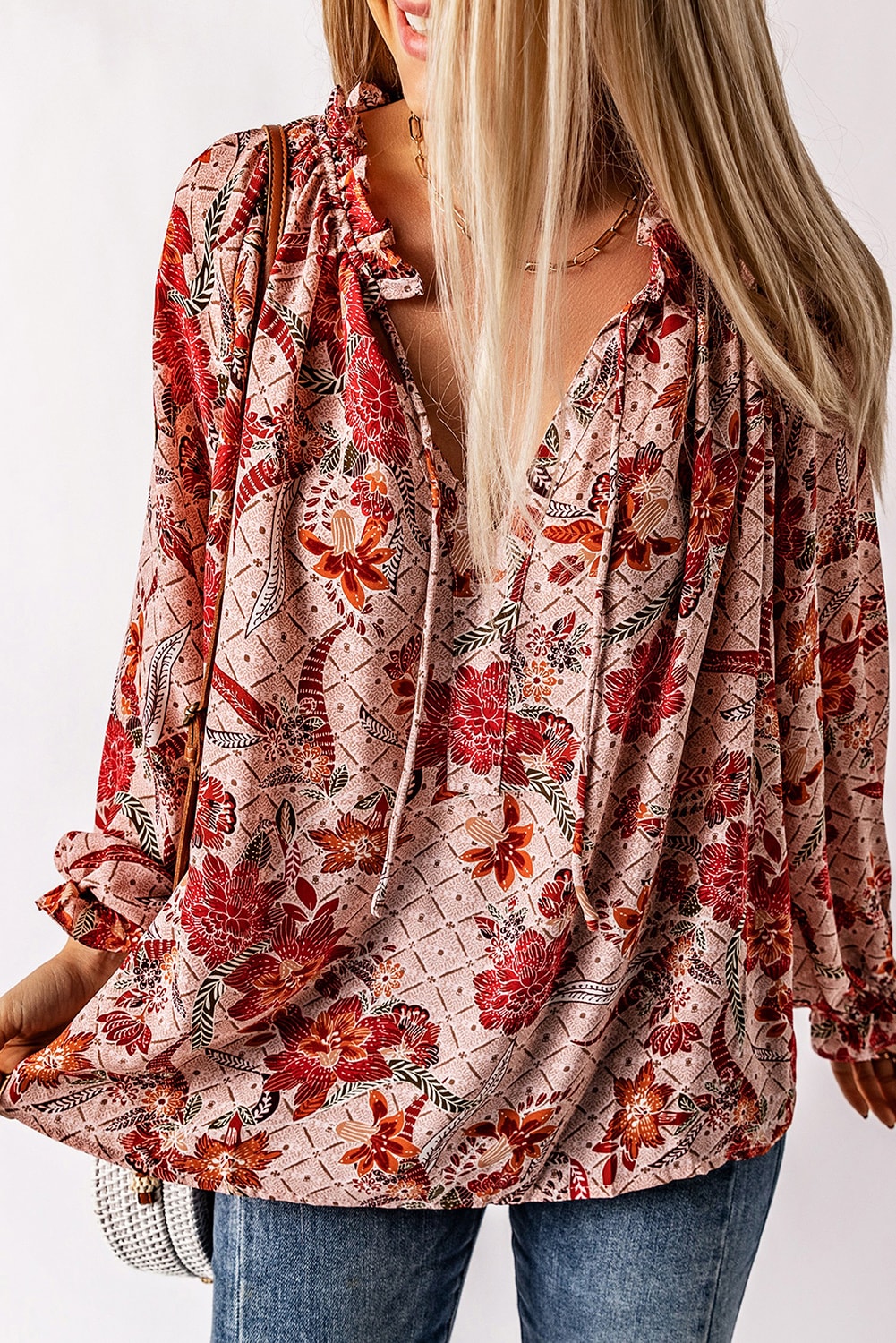 Split V Neck Printed Blouse