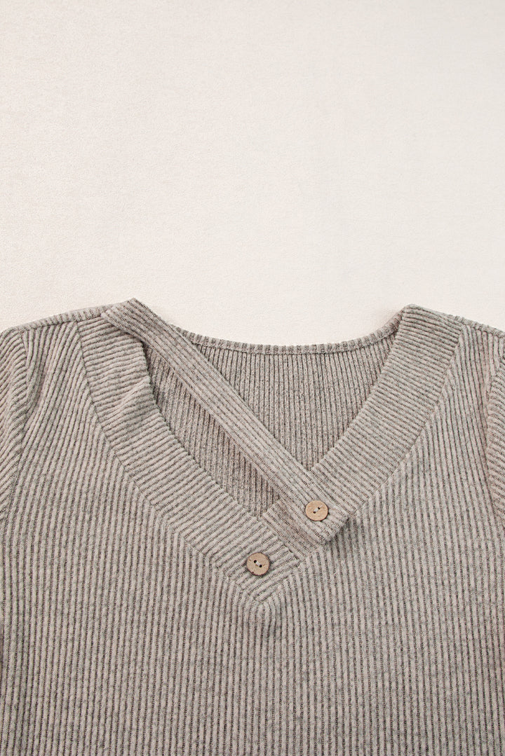 Pale Khaki Ribbed Buttoned Strappy V Neck Tee