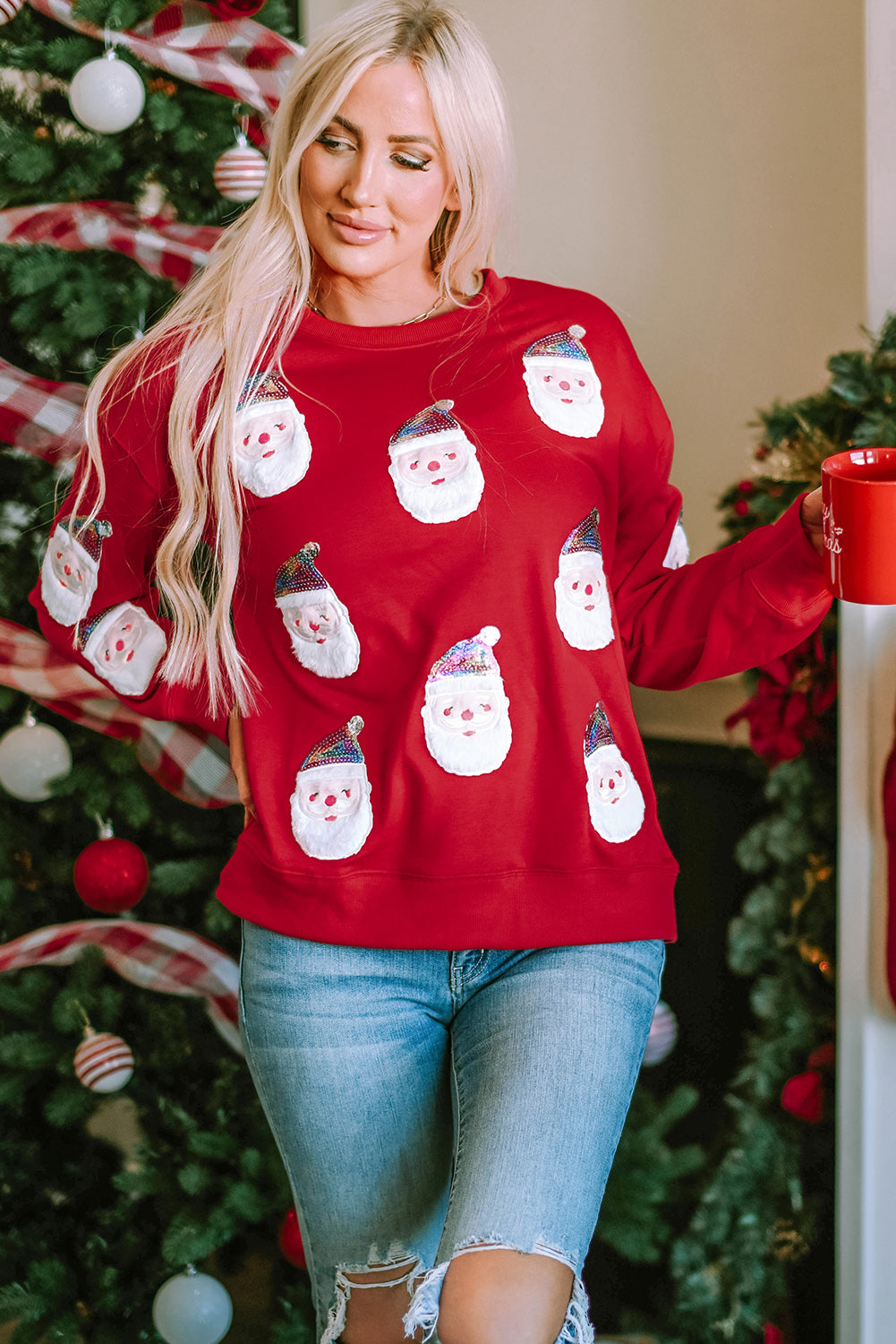 Fiery Red Sequined Christmas Santa Clause Graphic Sweatshirt