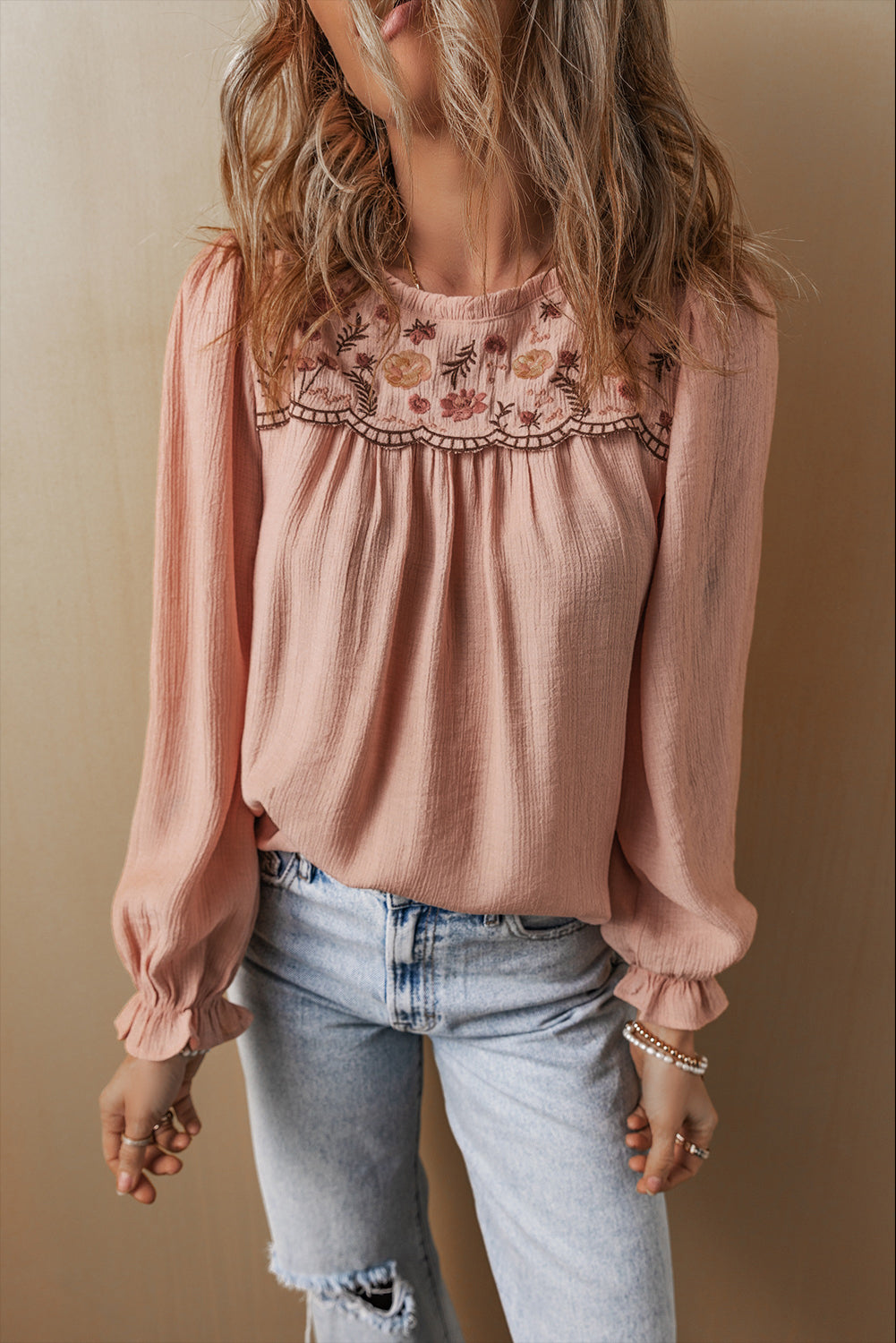 Floral Embroidered Textured Flounce Sleeve Elegant Blouse