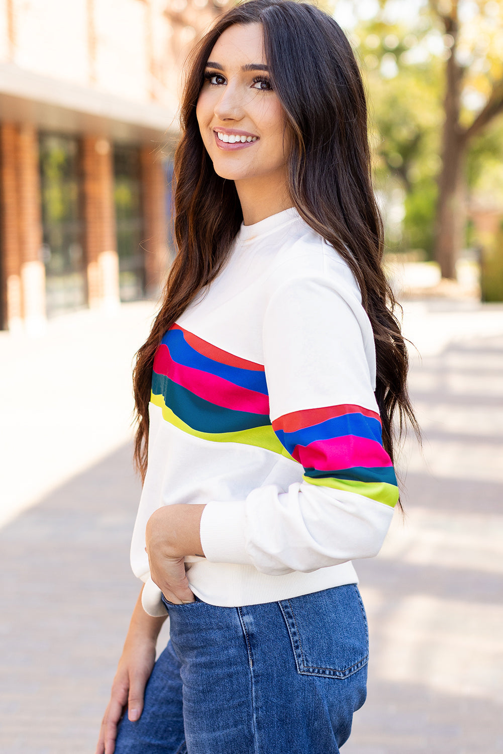 Colorful Striped Accent Long Sleeve T Shirt