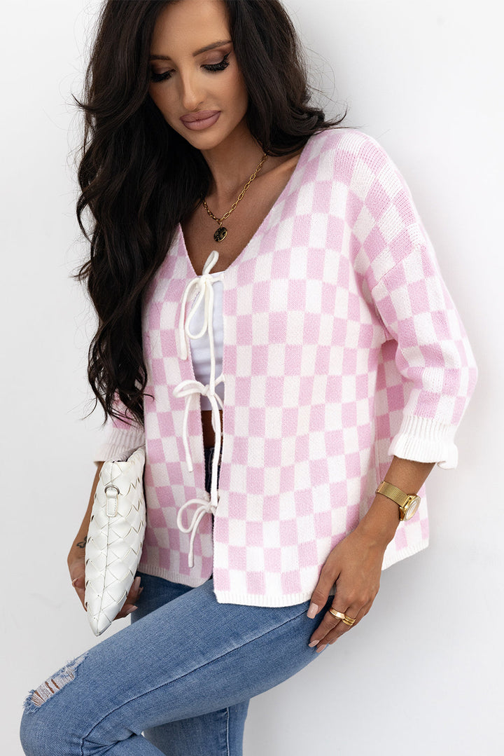 Checkered Knitted Lace-up Ruffled 3/4 Sleeve Cardigan