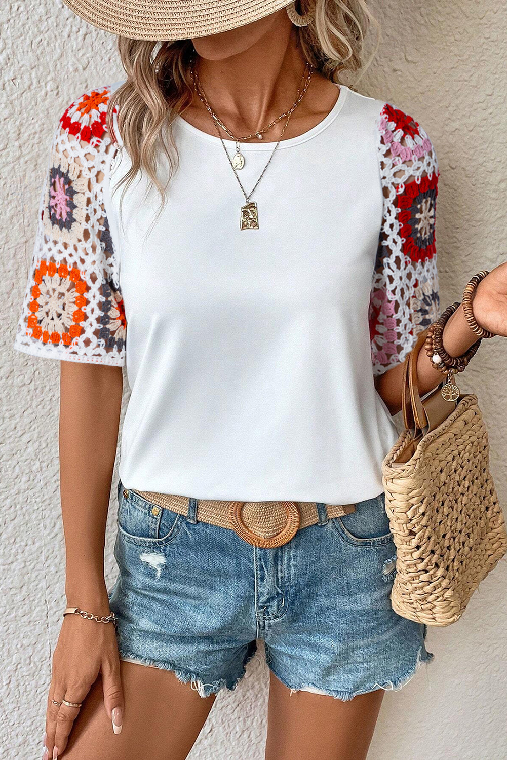 White Floral Crochet Short Sleeve Top