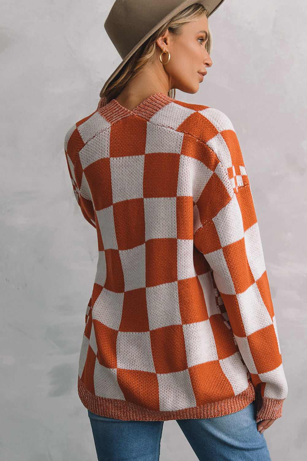 Mix Checkered Open Front Knit Cardigan