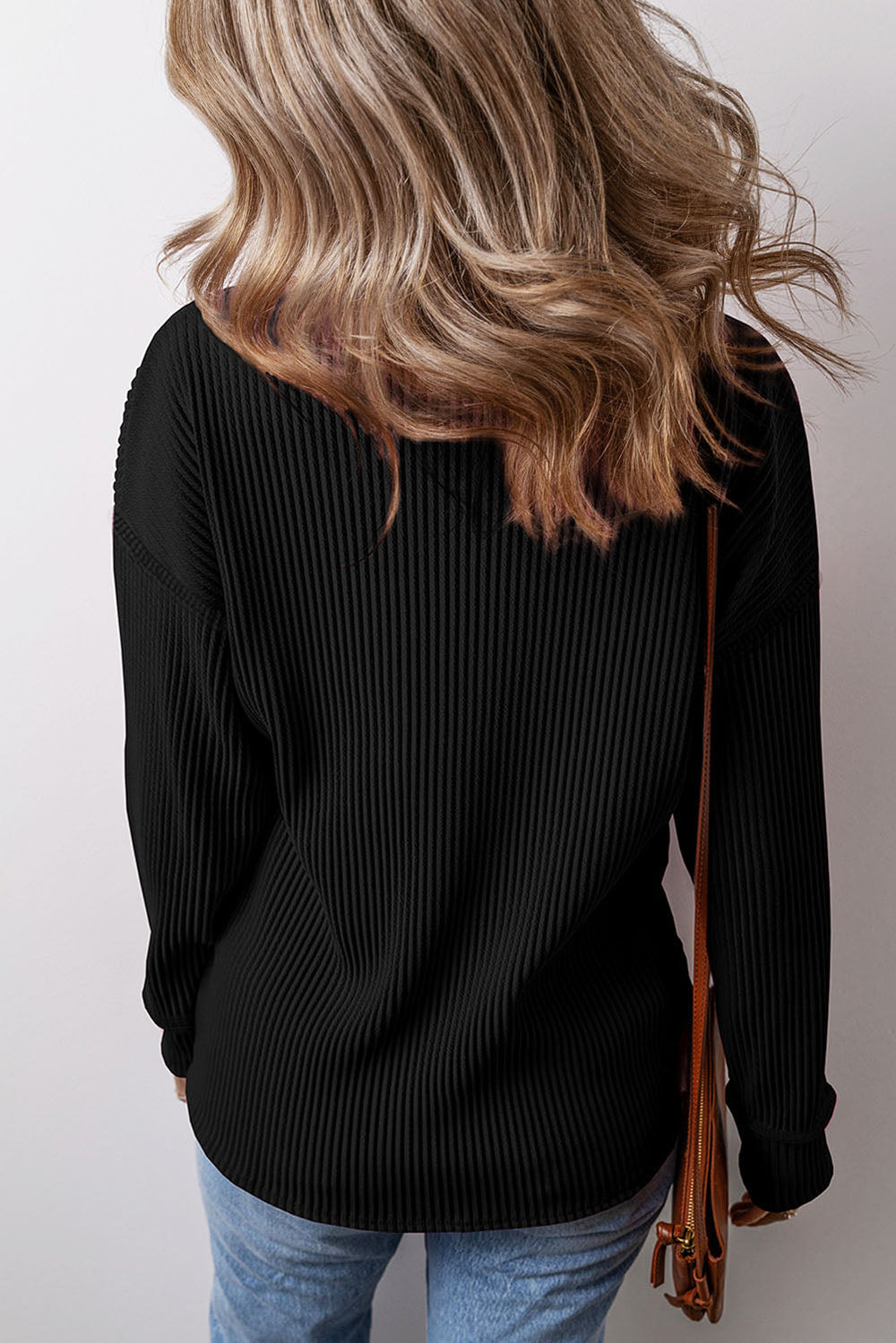 Solid Color Corded Drop Shoulder Long Sleeve Top