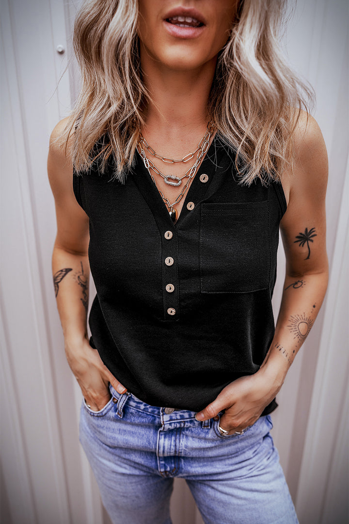 Half Button V Neck Patched Pocket Tank Top