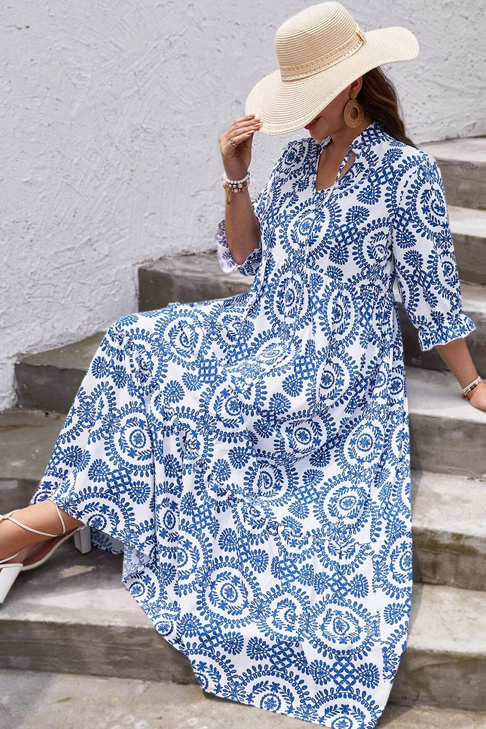 Geometric Print Lace-up Notch Neck Plus Size Maxi Dress