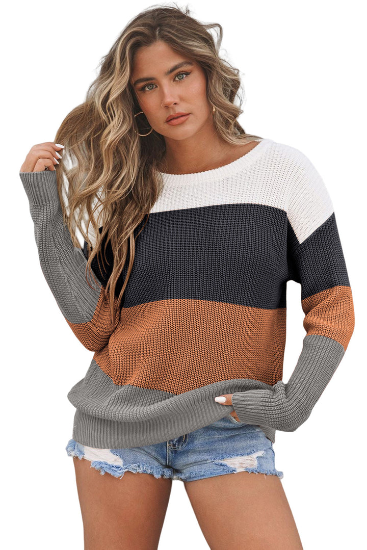 Color Block Knitted O-neck Pullover Sweater