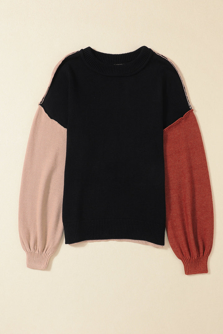 Colorblock Bishop Sleeve Ribbed Trim Sweater