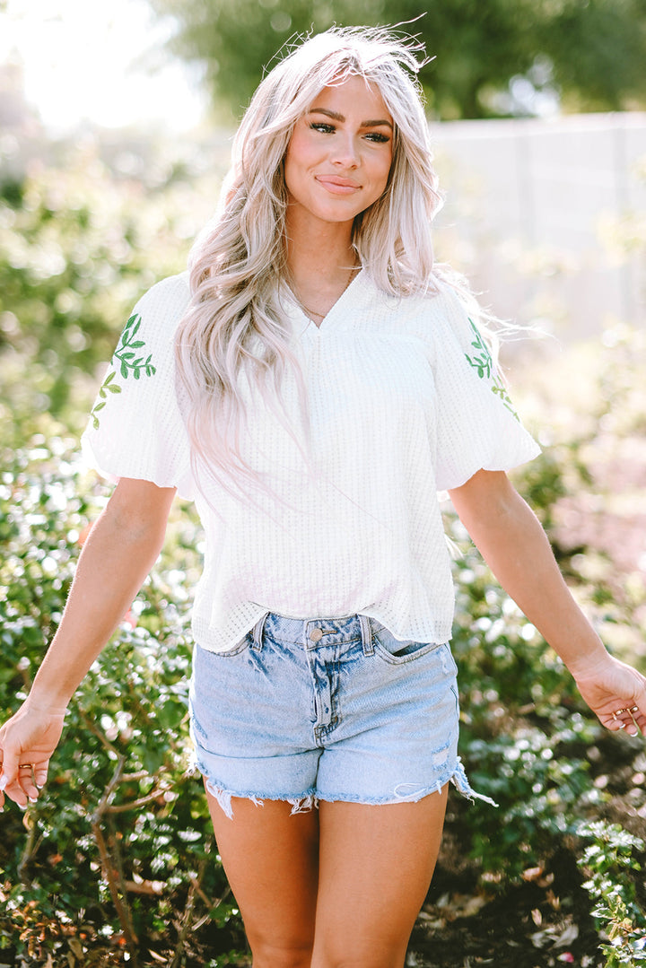 Floral Embroidered Puff Sleeve Notched Neck Blouse