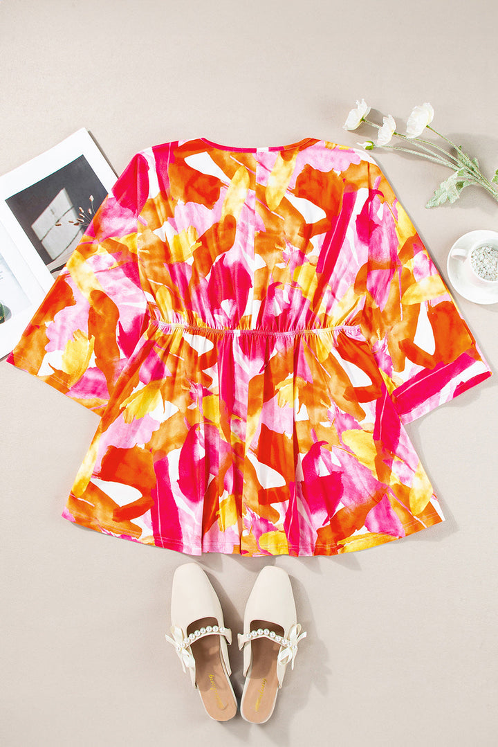 Abstract Print 3/4 Sleeve V Neck Ruffled Babydoll Blouse