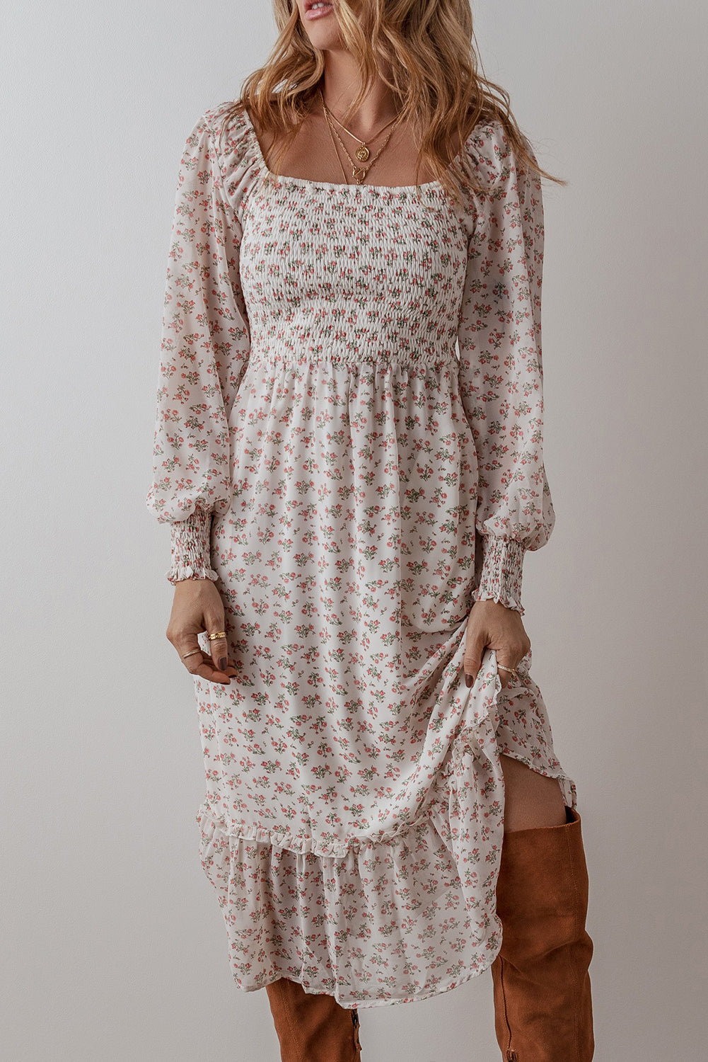 Floral Print Shirred Ruffled Hem Square Neck Midi Dress