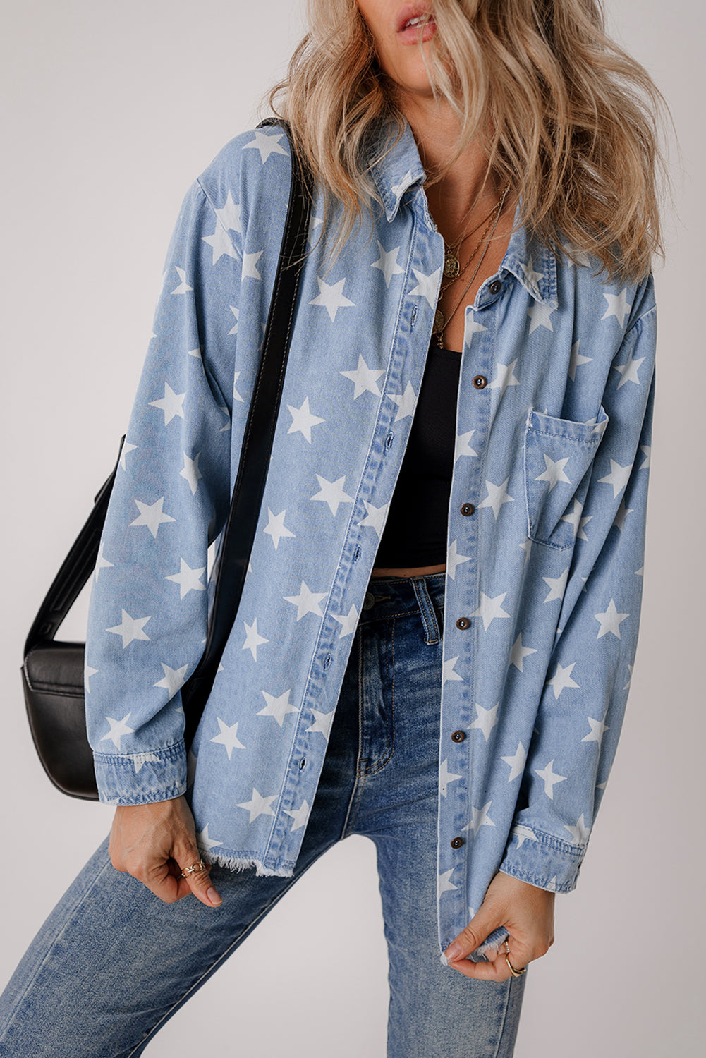 Star Print Light Wash Raw Hem Denim Jacket