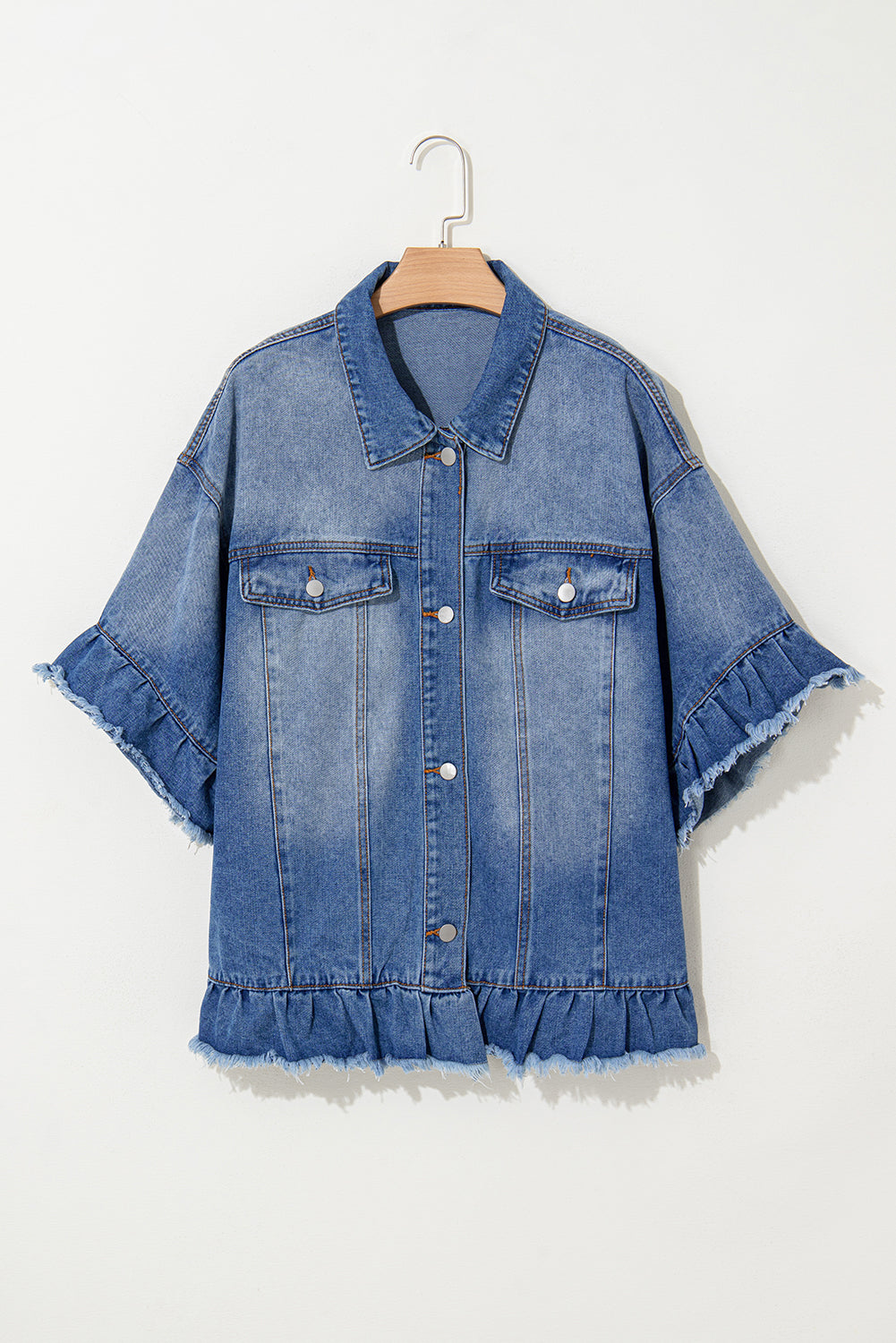 Ruffled Frayed Short Sleeve Plus Size Denim Jacket