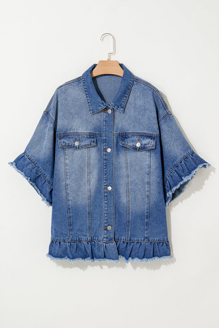 Ruffled Frayed Short Sleeve Plus Size Denim Jacket