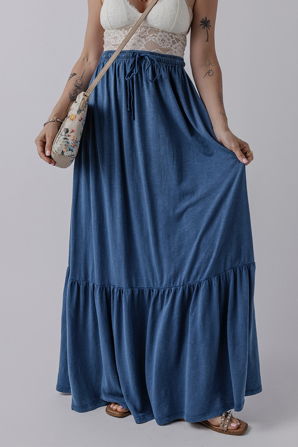 Solid Color Lace up High Waist Tiered Maxi Skirt