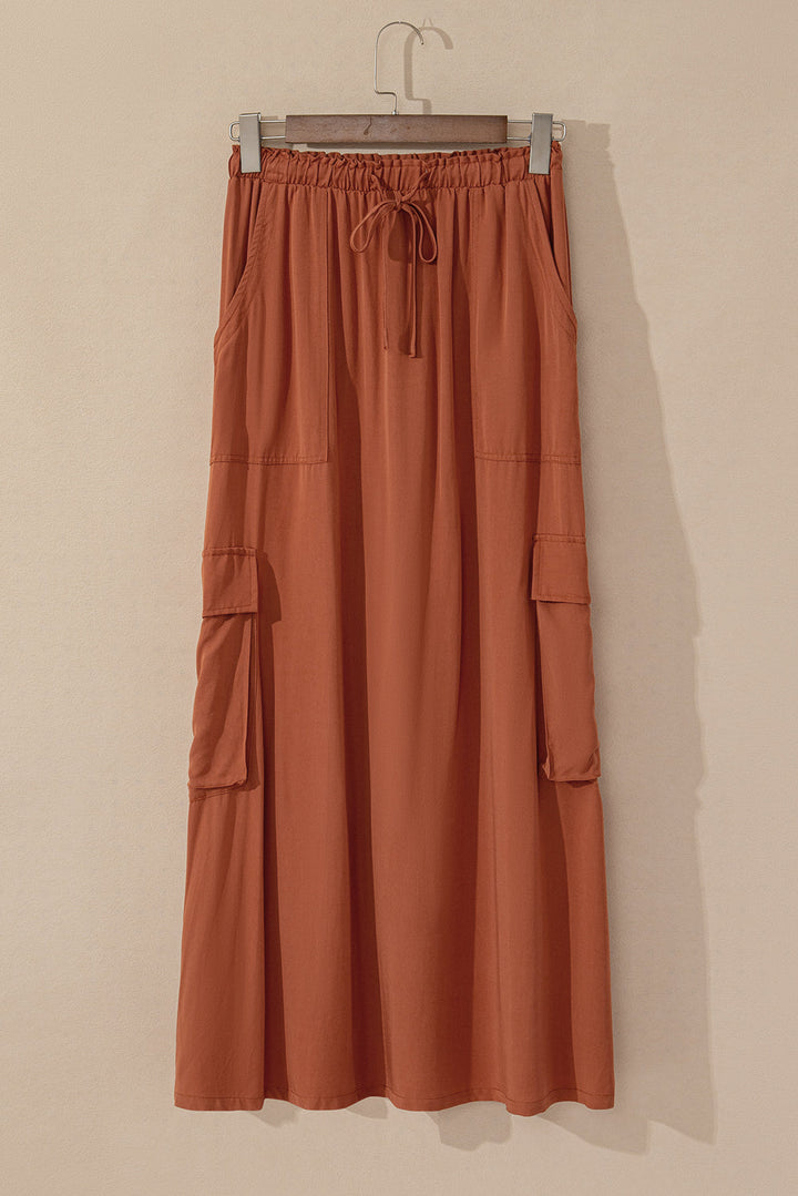 Mineral Wash Cargo Pocket Drawstring Waist Maxi Skirt