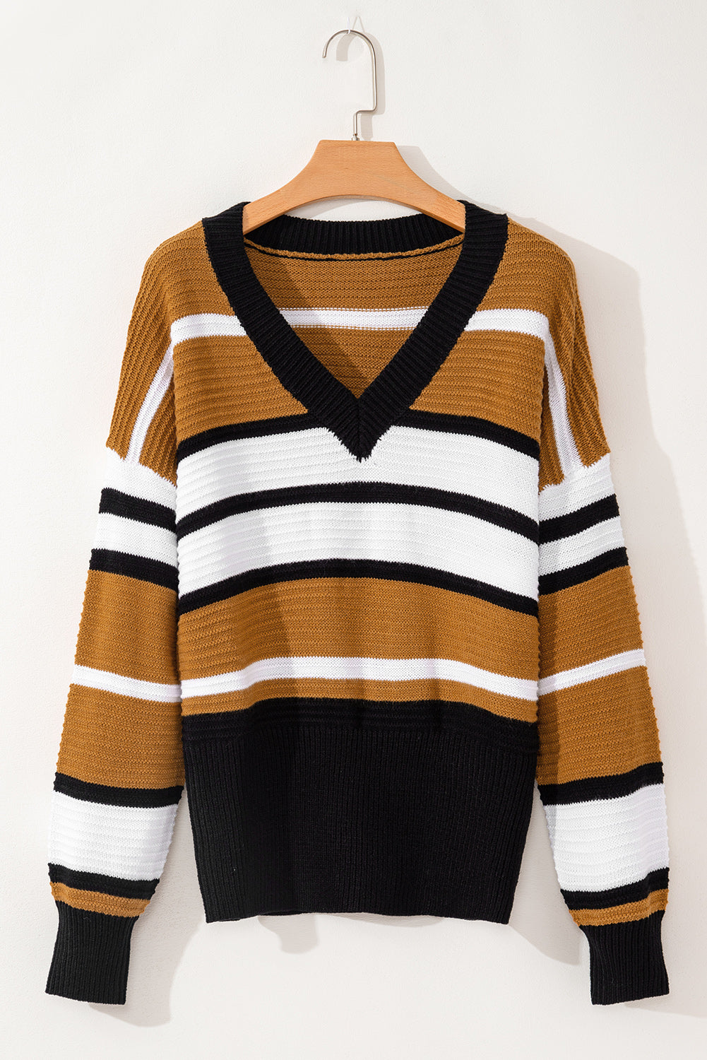 Contrast Stripes V Neck Textured Knit Sweater